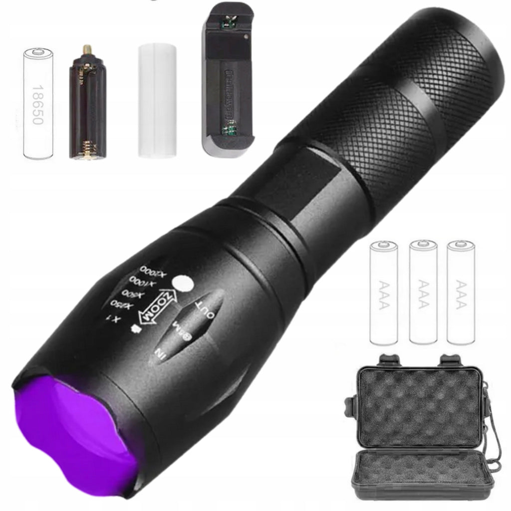 Latarka UV 5W 395nm 2W1 LED ZOOM UV CREE ZESTAW akumulator + baterie